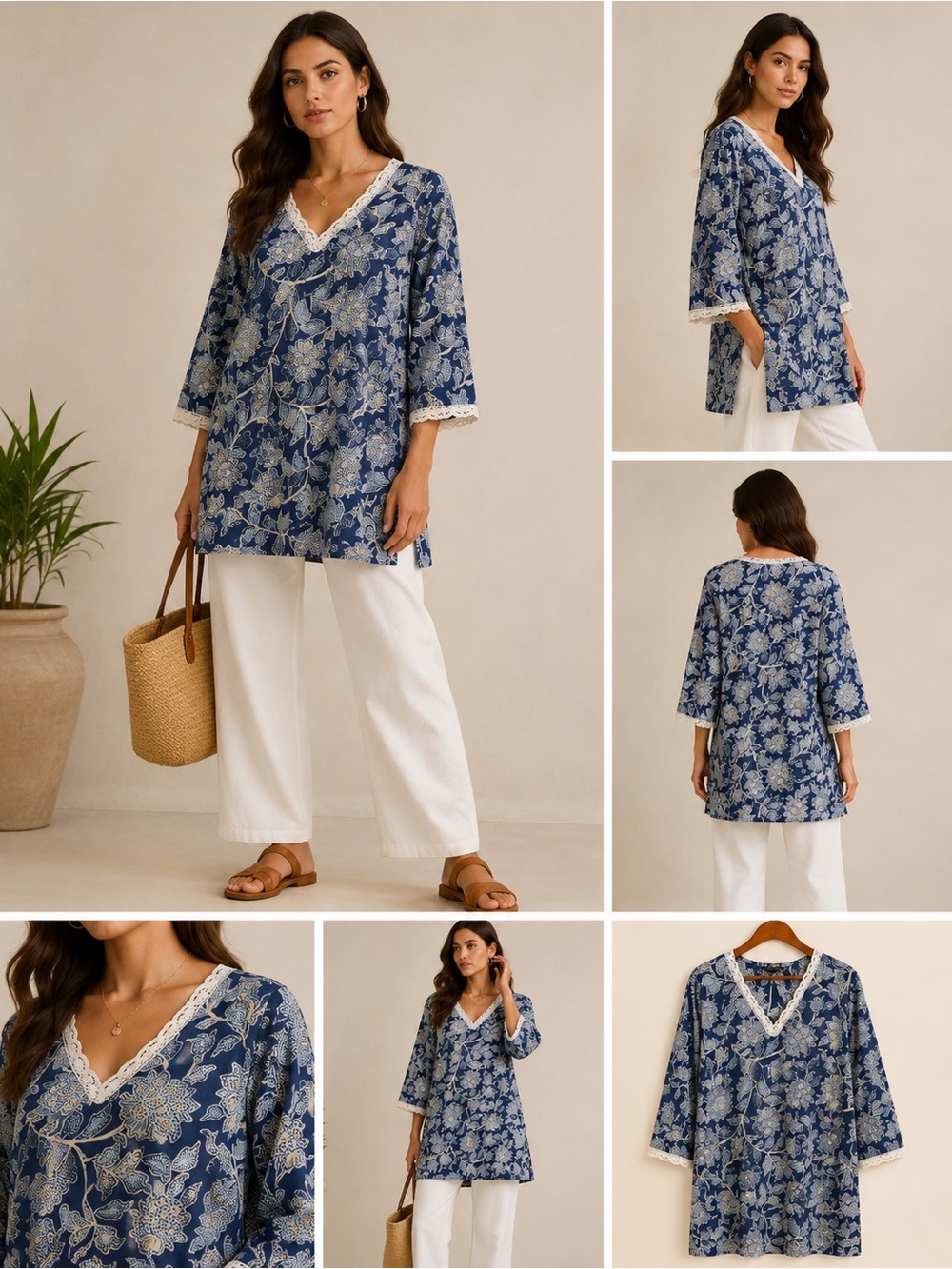 FA Blue Floral V-Neck Lace-Trim Tunic